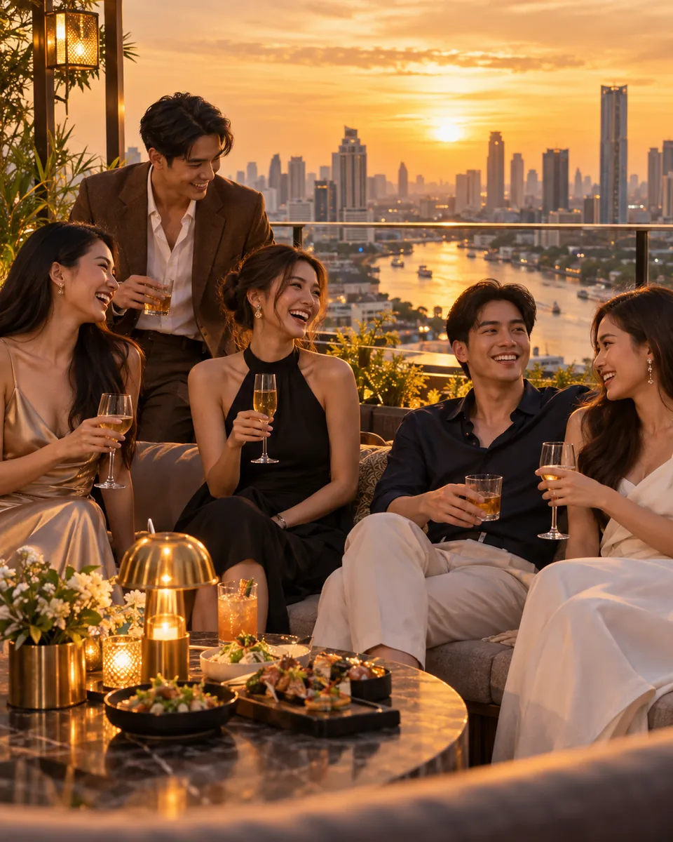 กลุ่มเพื่อนหัวเราะและชนแก้วบน Rooftop พร้อมวิวแม่น้ำยามพระอาทิตย์ตก