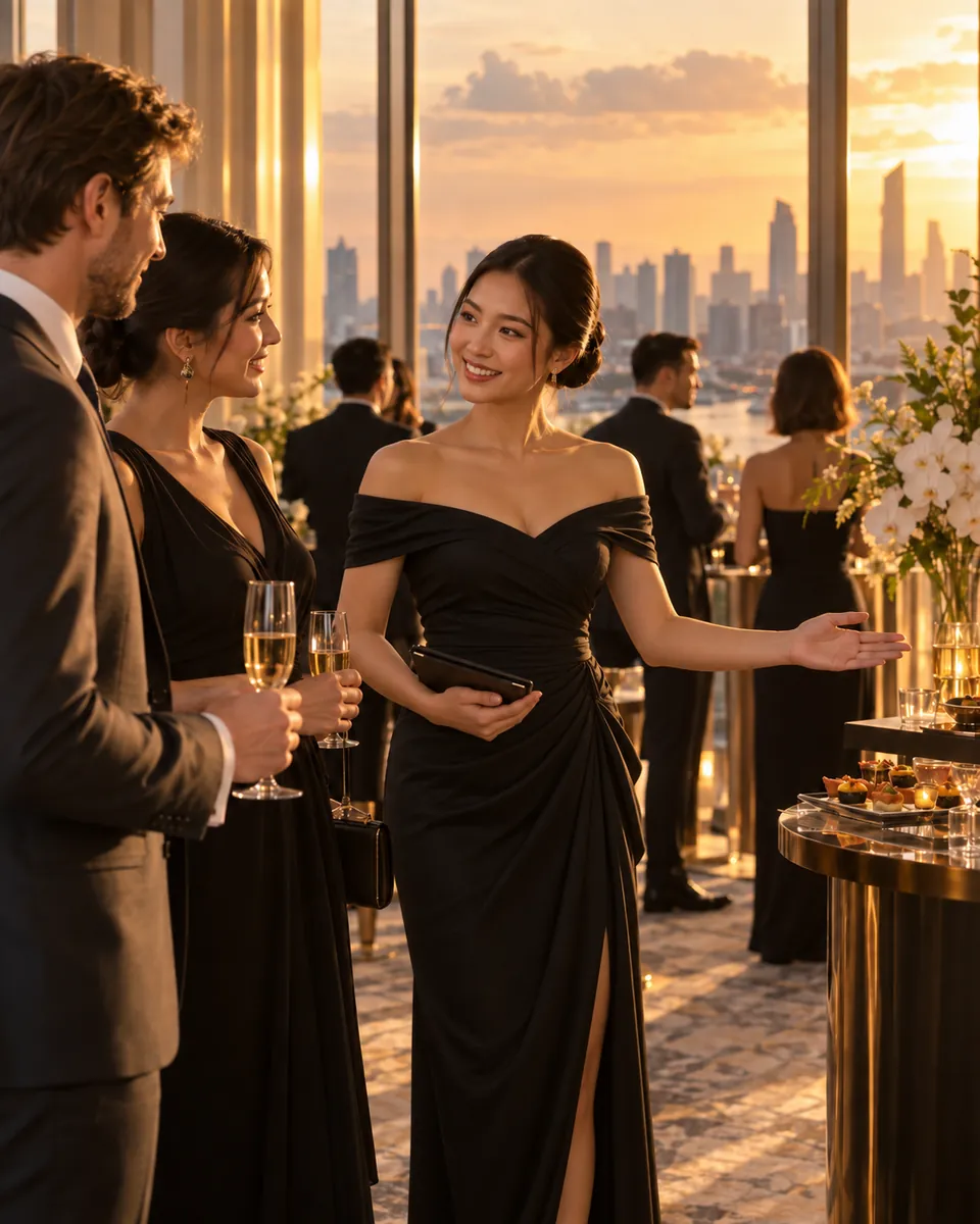 เด็กเอ็นต้อนรับแขกในงานเลี้ยงบน Rooftop พร้อมวิวเมืองยามเย็น